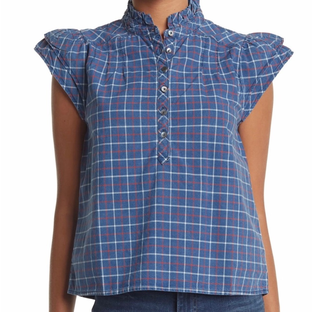 FAHERTY NWT SHANIA BLOUSE INDIGO PLAID RUFFLE SLEEVE BUTTON FRONT XS SMALL